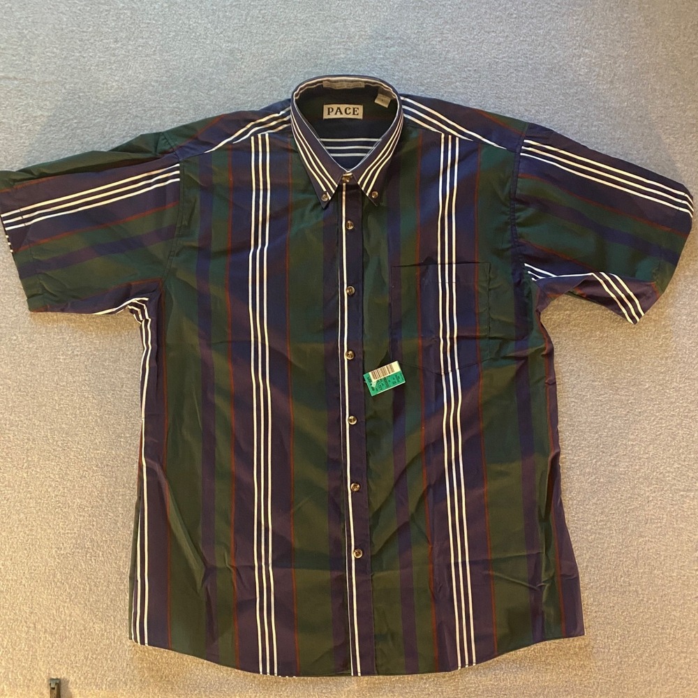 VTG Pace Mens Large Short Sleeve Button Down Shirt Striped Navy Green Deadstock